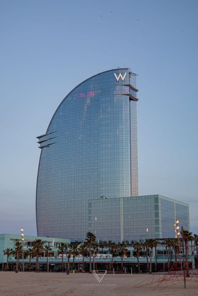 Review and experience at W Barcelona Hotel Spain on the beach that looks like a sail. 26 floors by the sea, luxury suites, restaurants,