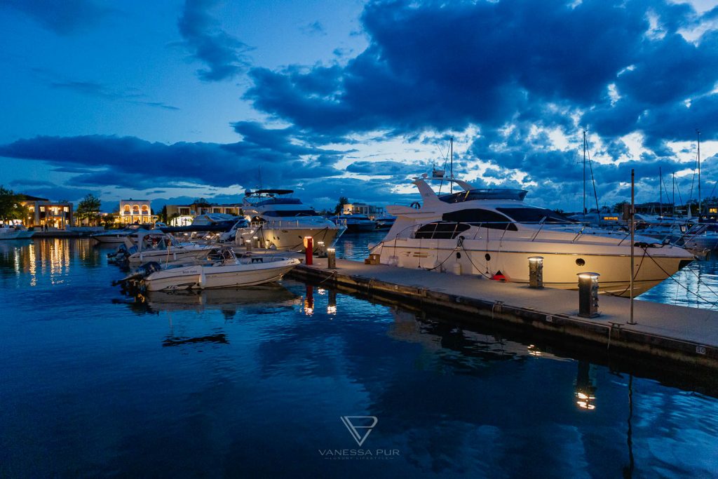Greece sunset and evening atmosphere in marina with starry sky in luxury resort Sani Hotel