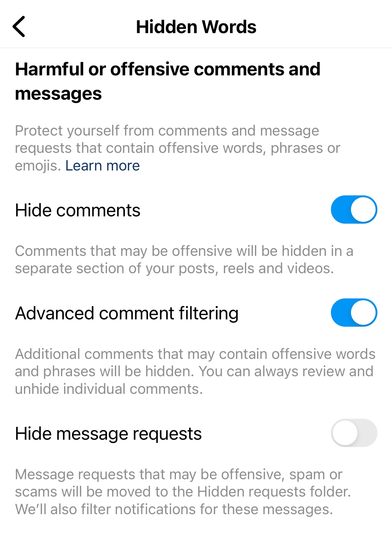 Hide Instagram comments - use word filter