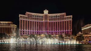 Experience at Bellagio Hotel impression in Las Vegas, Nevada on the Strip. Famous hotel with fountains and water features with music. Stay at
