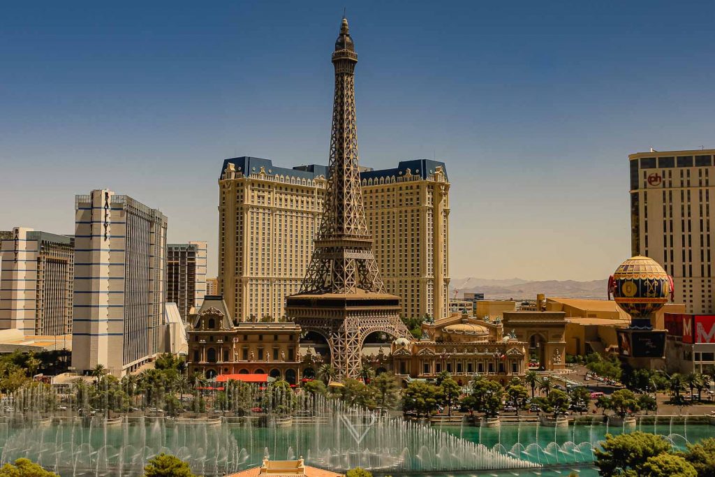 Experience at Bellagio Hotel impression in Las Vegas, Nevada on the Strip. Famous hotel with fountains and water features with music. Stay at