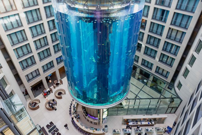 Aquadom Berlin - Huge aquarium with elevator in the hotel - Getting married in aquarium elevator - a special wedding location - 1500 fishes as witnesses of marriage