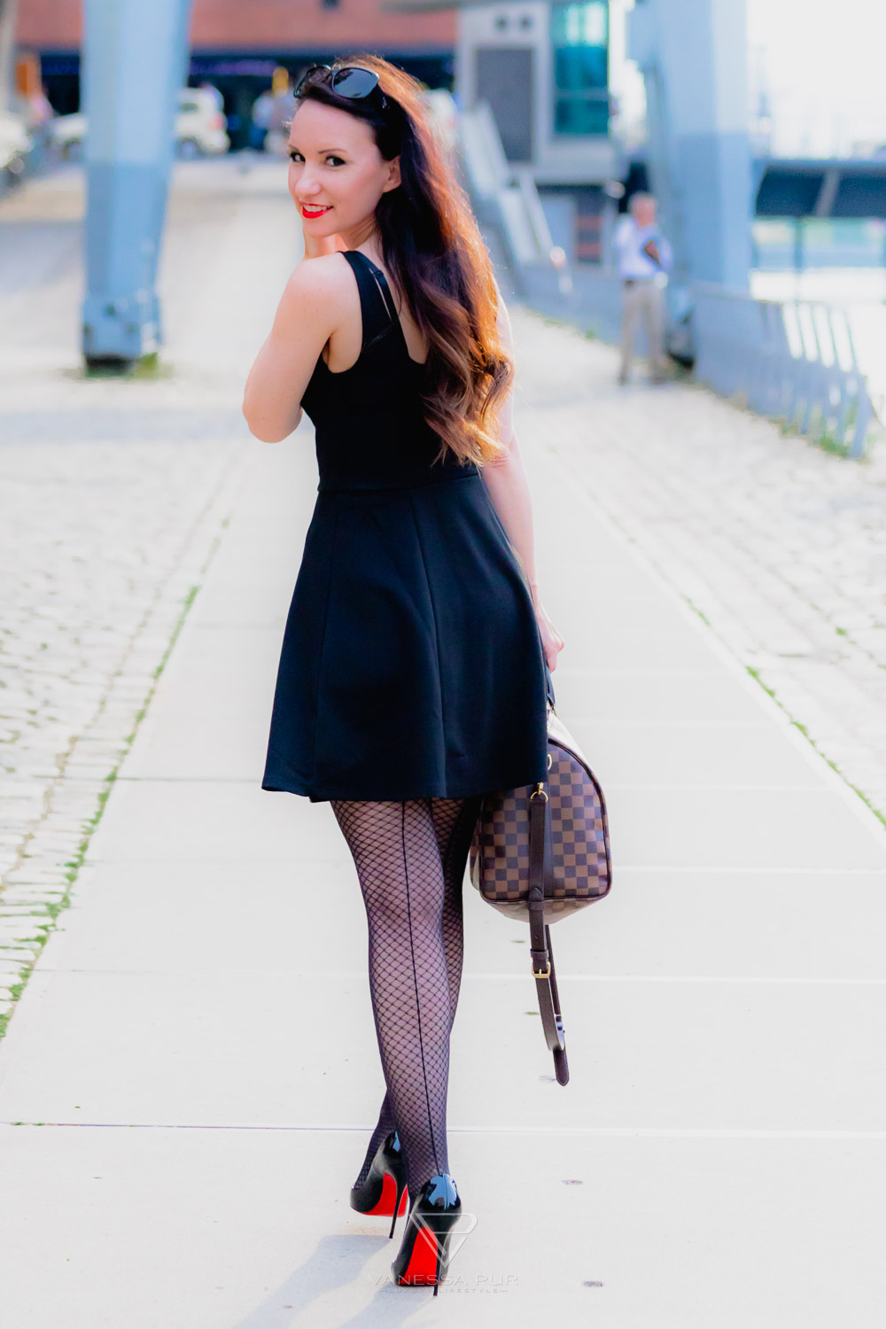 Vanessa Pur fishnet tights, high heels, mini dress