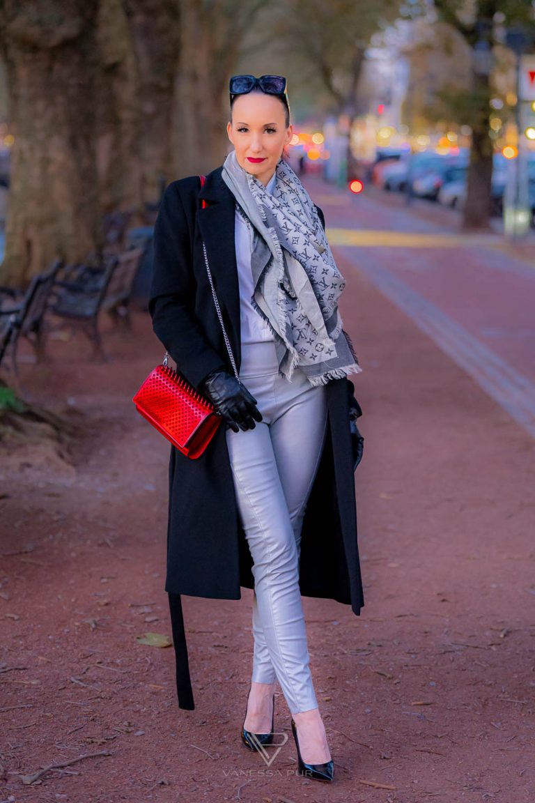 Silver leather pants and winter coat – fall fashion