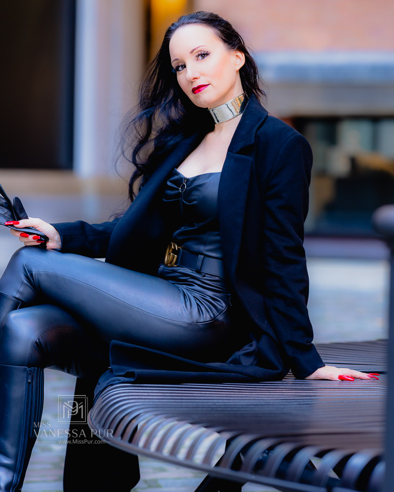 Vanessa Pur - black leather catsuit - boots - coat