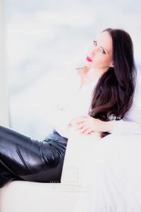 Vanessa Pur - black latex skirt and white blouse - business lady