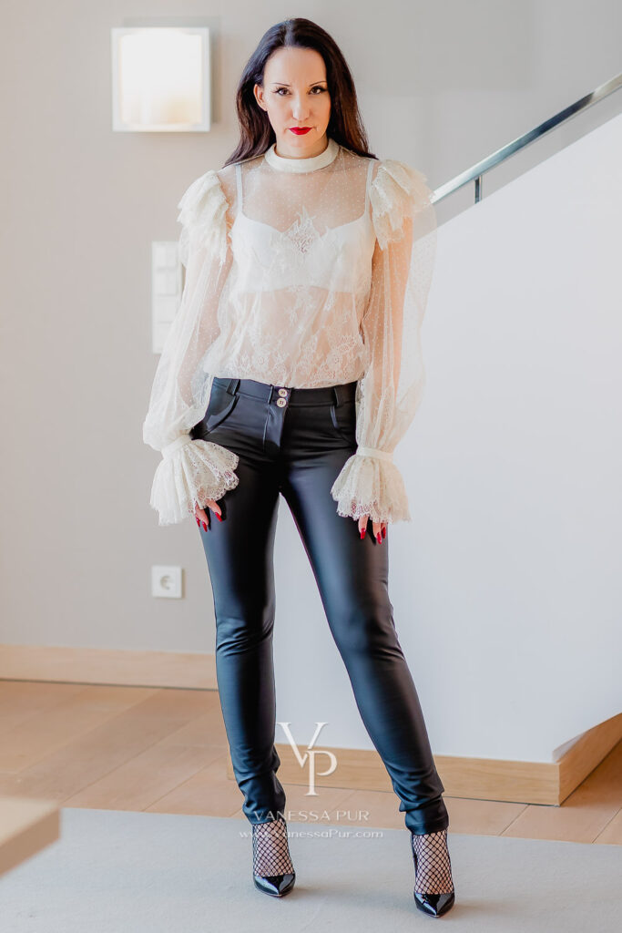 Vanessa Pur - black leather pants - transparent white blouse with high heels by Louboutin - Tight leather pants, transparent blouse and sexy high heels - leather pants outfit - Freddy pants, Freddy leather pants