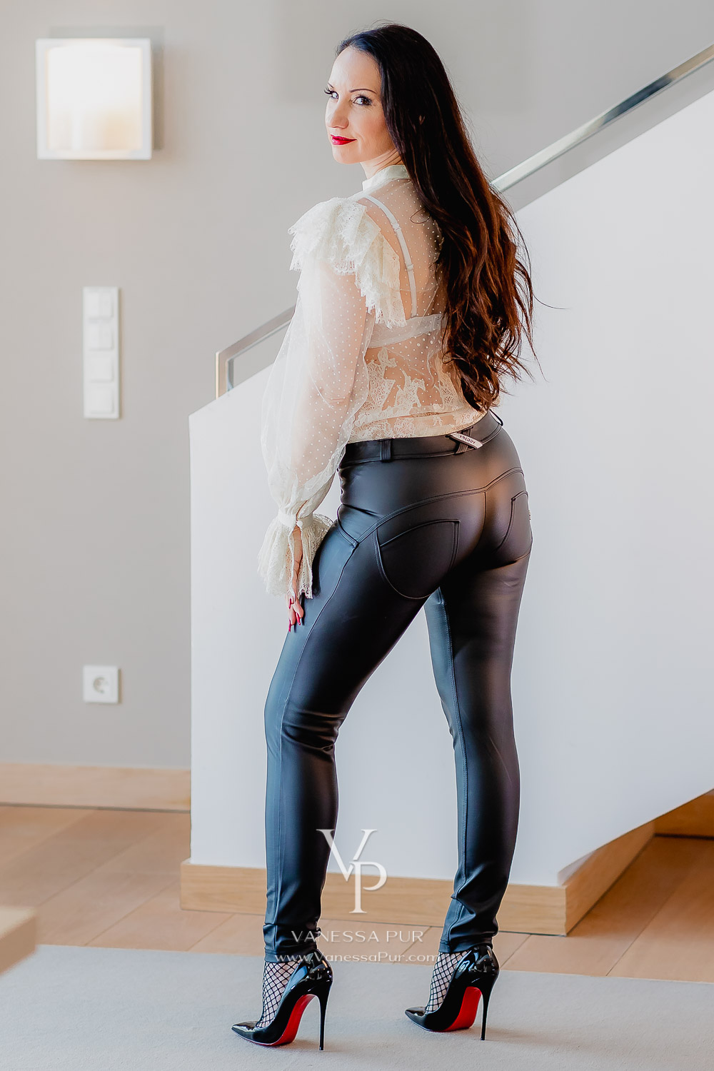 Vanessa Pur - black leather pants - transparent white blouse with high heels by Louboutin - Tight leather pants, transparent blouse and sexy high heels - leather pants outfit - Freddy pants, Freddy leather pants