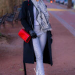 Vanessa Pur in silver leather pants and winter coat or long black coat - fall fashion