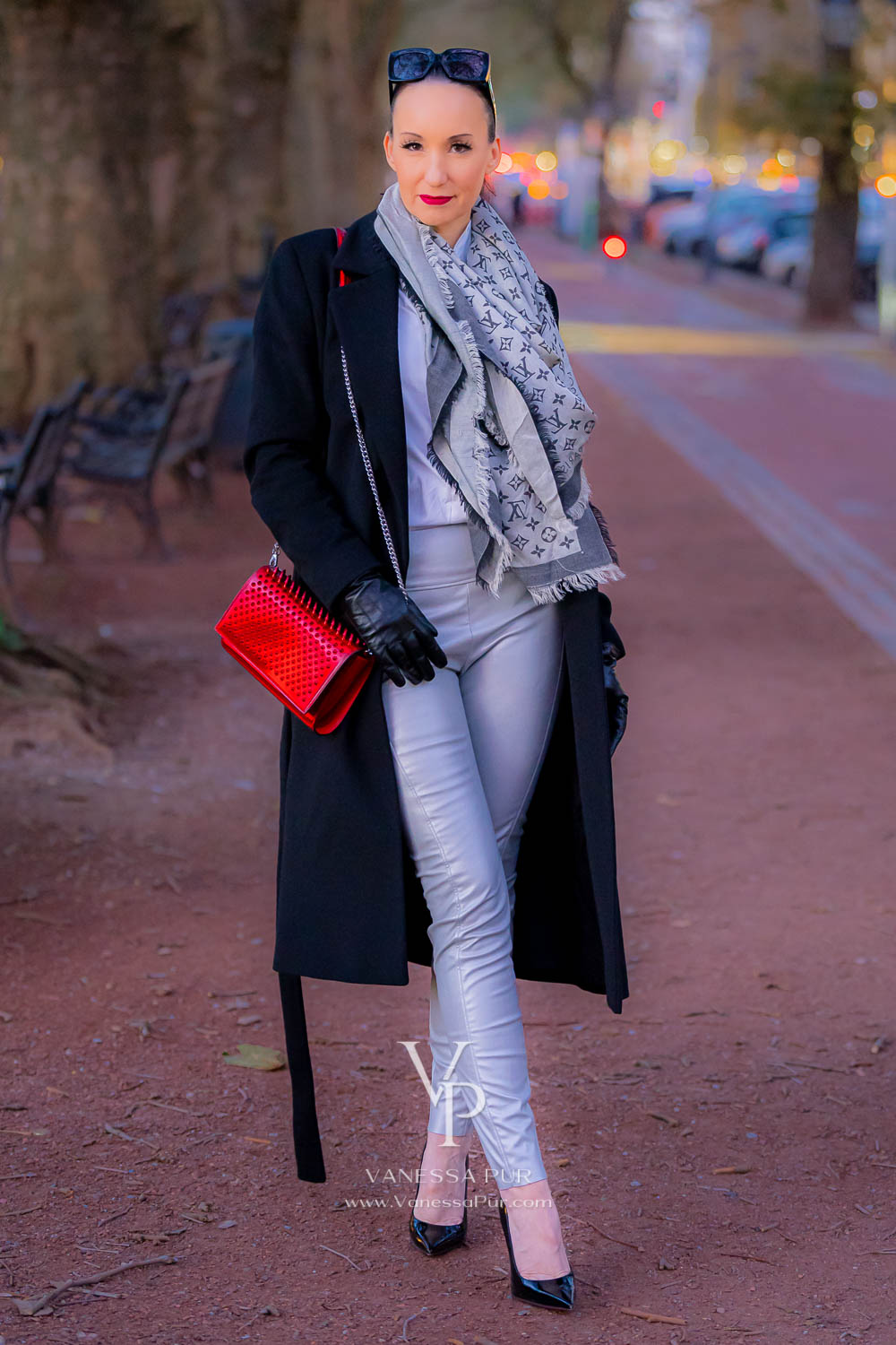 Silver leather pants and winter coat - fall fashion 2 Vanessa Pur in silver leather pants and winter coat or long black coat - fall fashion