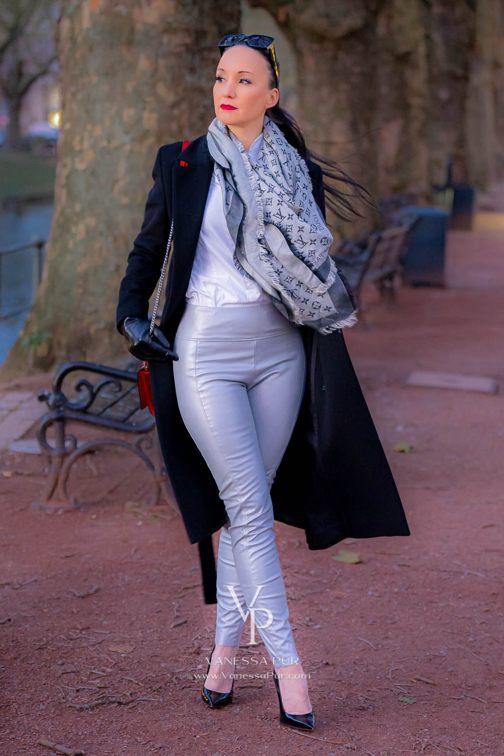 Silver leather pants and winter coat - fall fashion 1 Vanessa Pur in silver leather pants and winter coat or long black coat - fall fashion