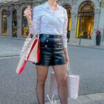 Vanessa Pur - black leather shorts - white blouse - black tights with Harler Louboutins - Perfect elegant business outfit - classic blouse and leather