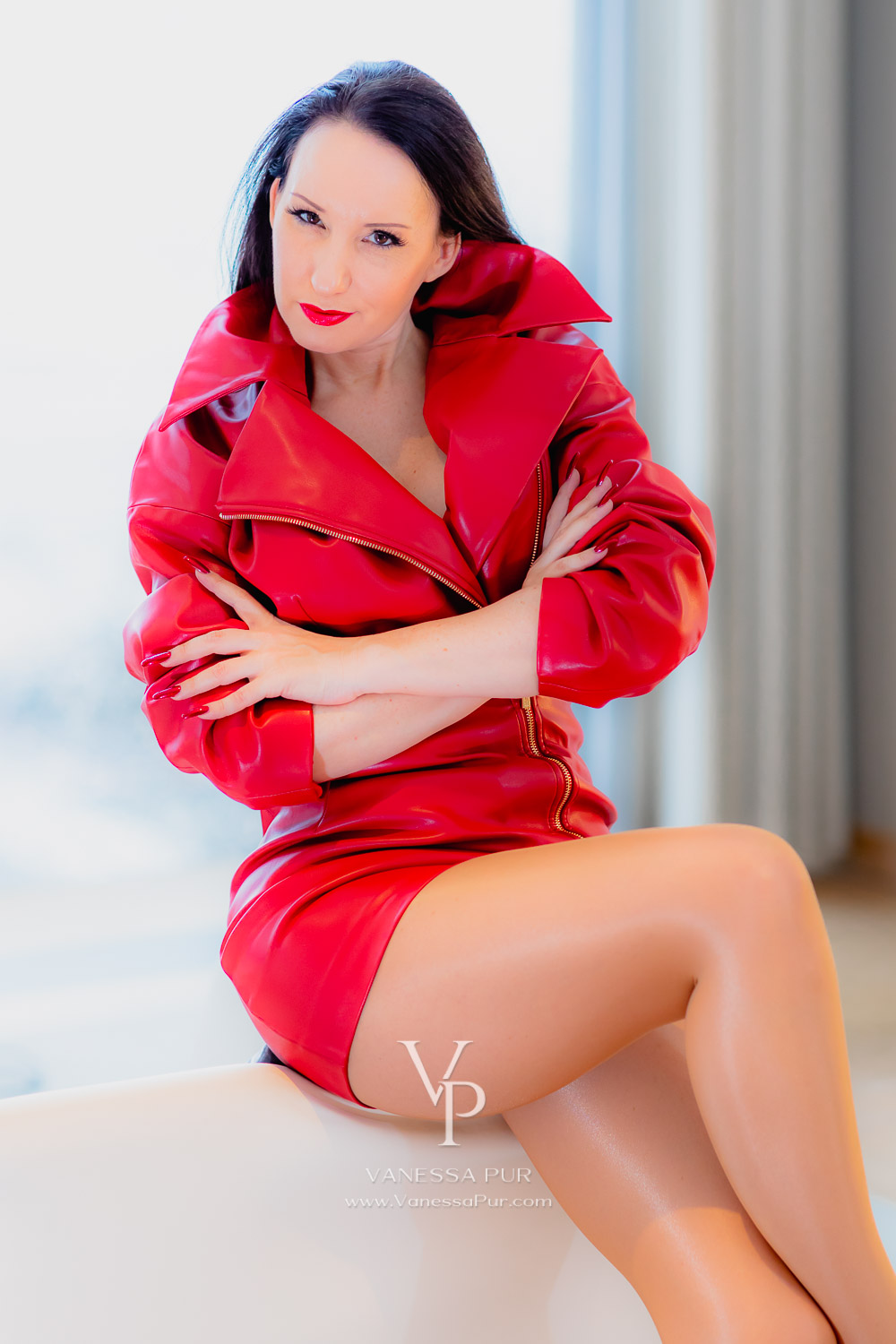 Vanessa Pur leather woman - Red leather dress in leather jacket style with shiny tights - Leather Outfit