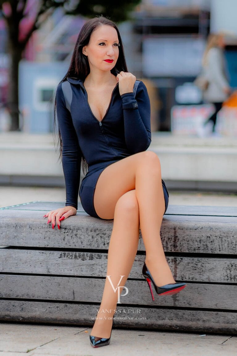 Black mini dress and tan tights – high heels outfit