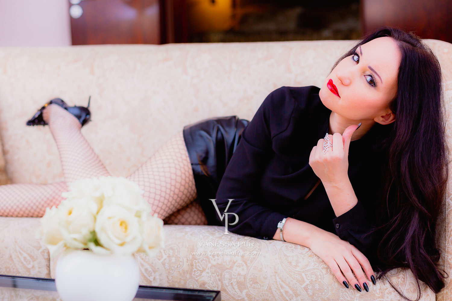 Vanessa Pur - black fishnet tights - dinner style for going out - Fishnet tights and shiny black vinyl skirt outfit - stylish lookbook ans sexy lookbook with high heels and mini skirt