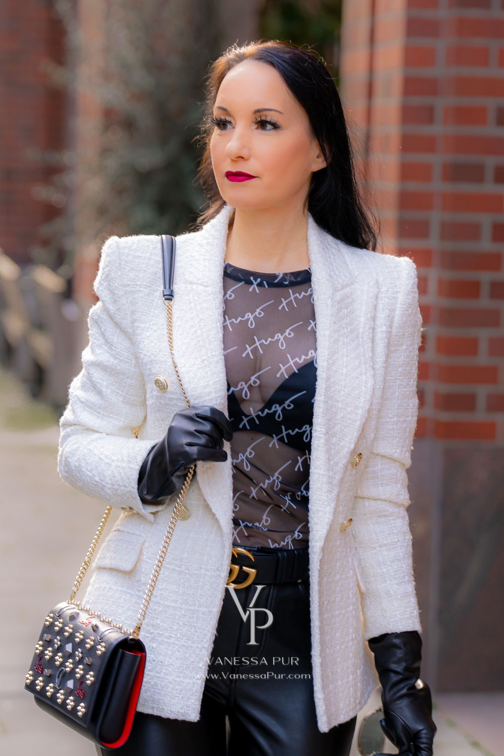 Vanessa Pur - white blazer boss top leather pants and leather over the knee boots - updates via WhatsApp