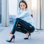 Vanessa Pur in latex leggings or business pants with blouse and So Kate Louboutin high heels