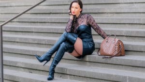 OTK boots, leather dress and a white coat (Video)