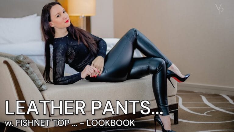 LEATHER LEGGINGS with Fishnet Top and High Heels